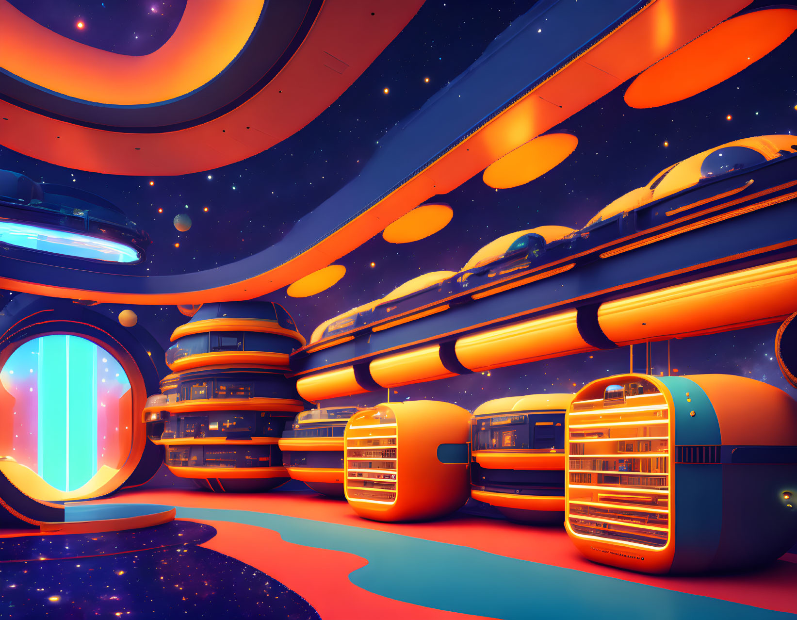 Vibrant Orange and Blue Futuristic Space Station Interior