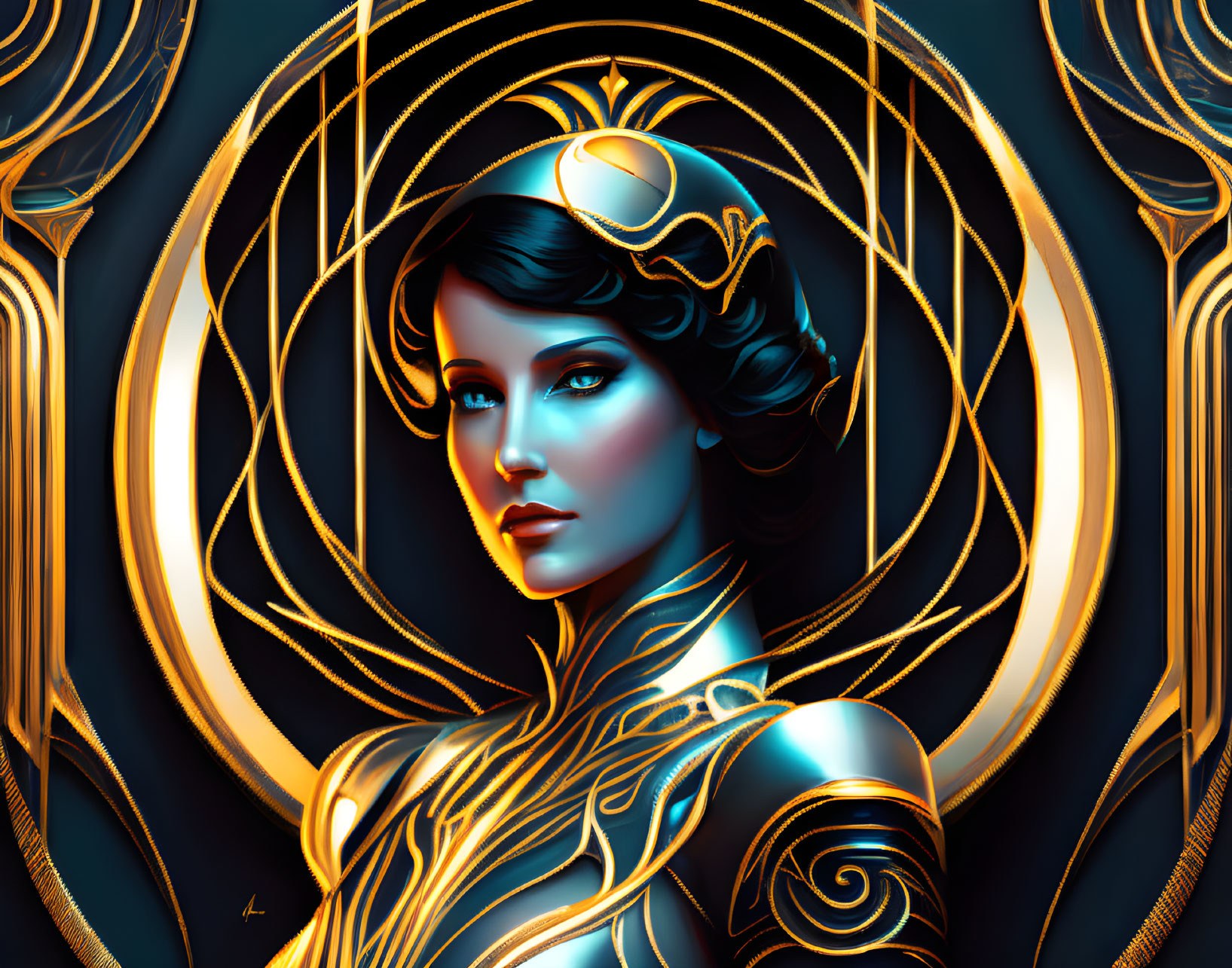 Digital Artwork: Woman with Art Nouveau Style, Golden Patterns