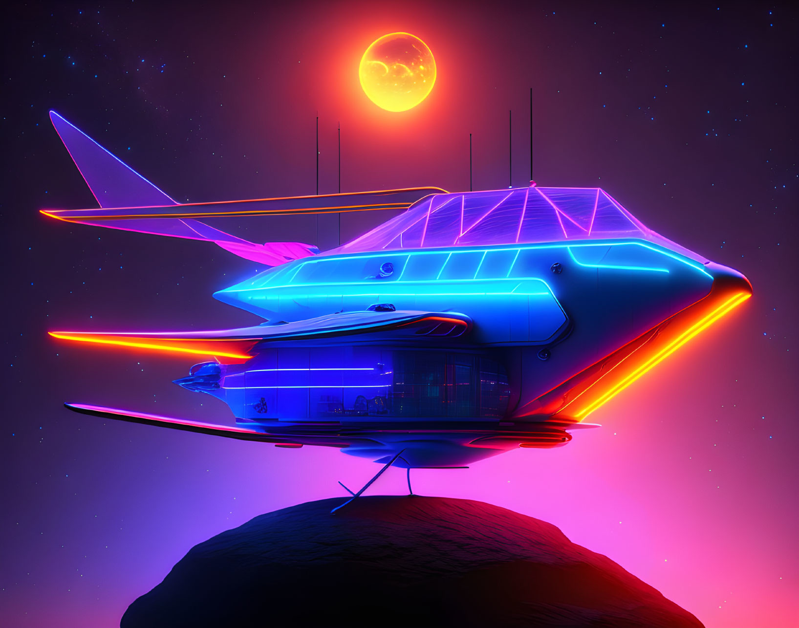 Futuristic spacecraft with neon highlights on rocky outcrop under red alien sky