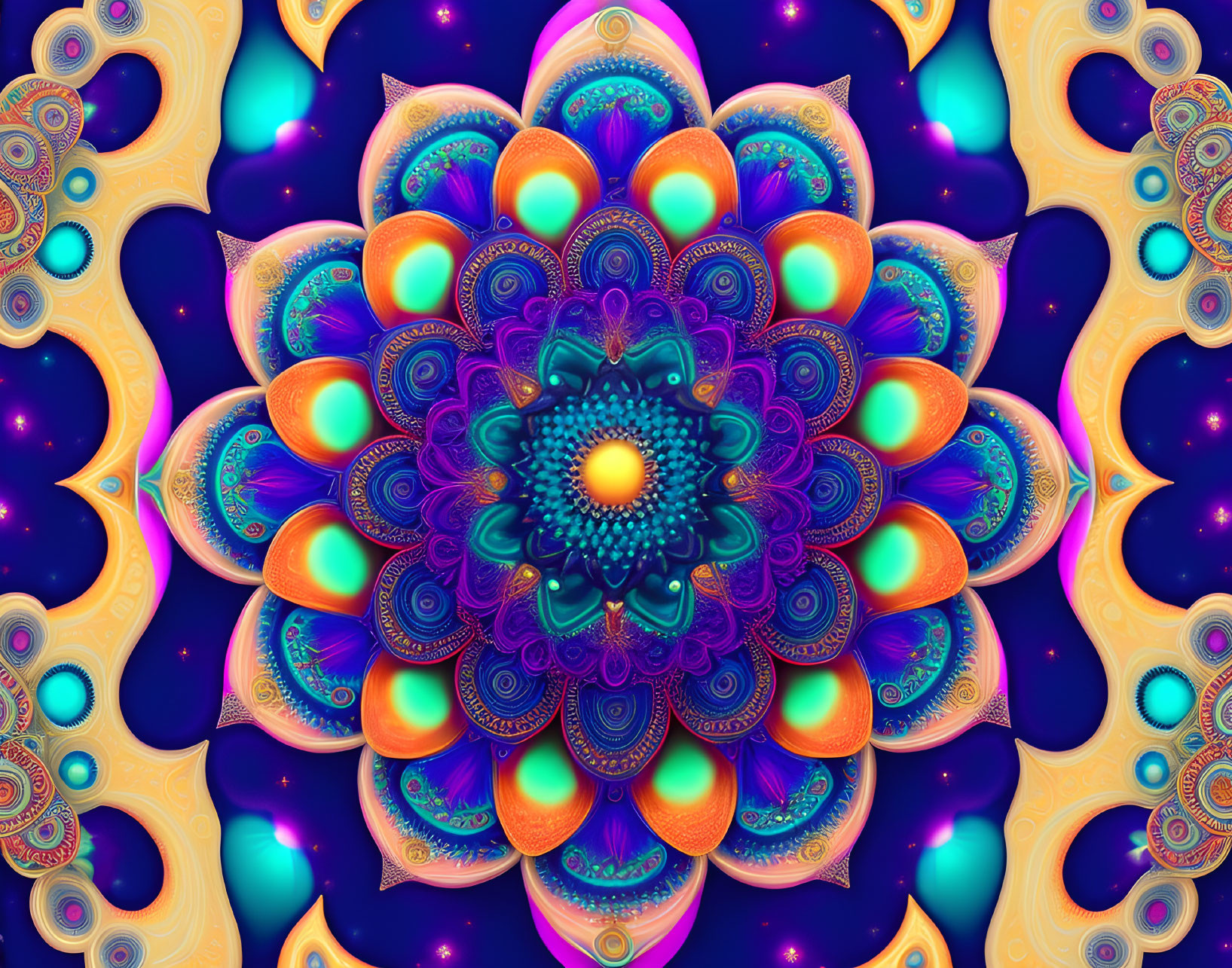 Symmetrical flower-like fractal image in vibrant blue, purple, orange, and yellow