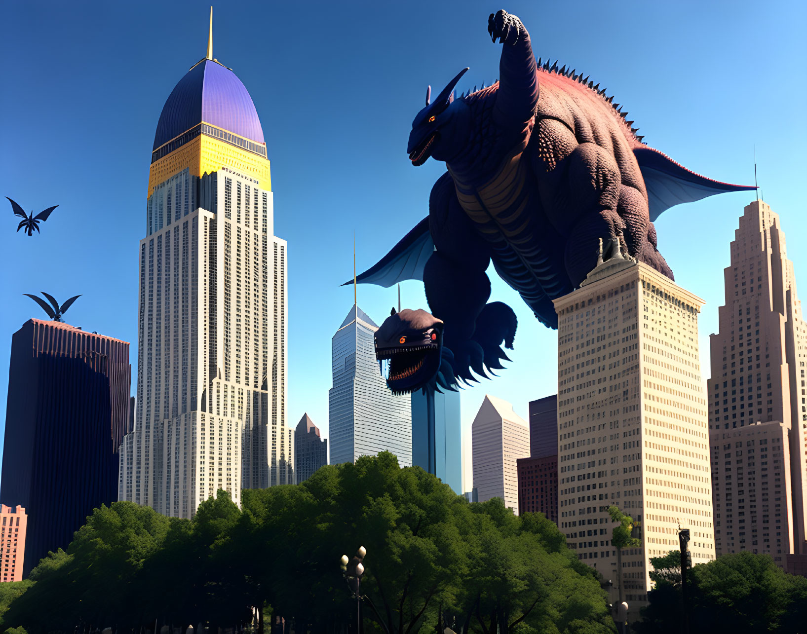 Enormous dragon-like creature in cityscape with flying creatures against blue sky