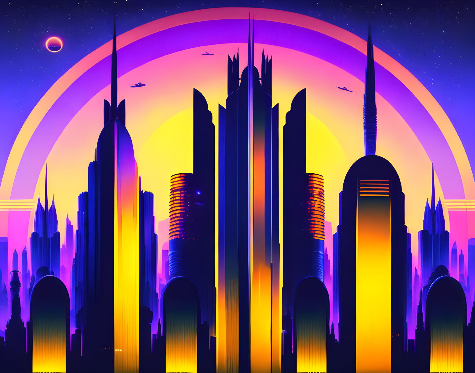 Digital Art: Futuristic City Skyline with Stylized Skyscrapers & Sunset Gradient Background