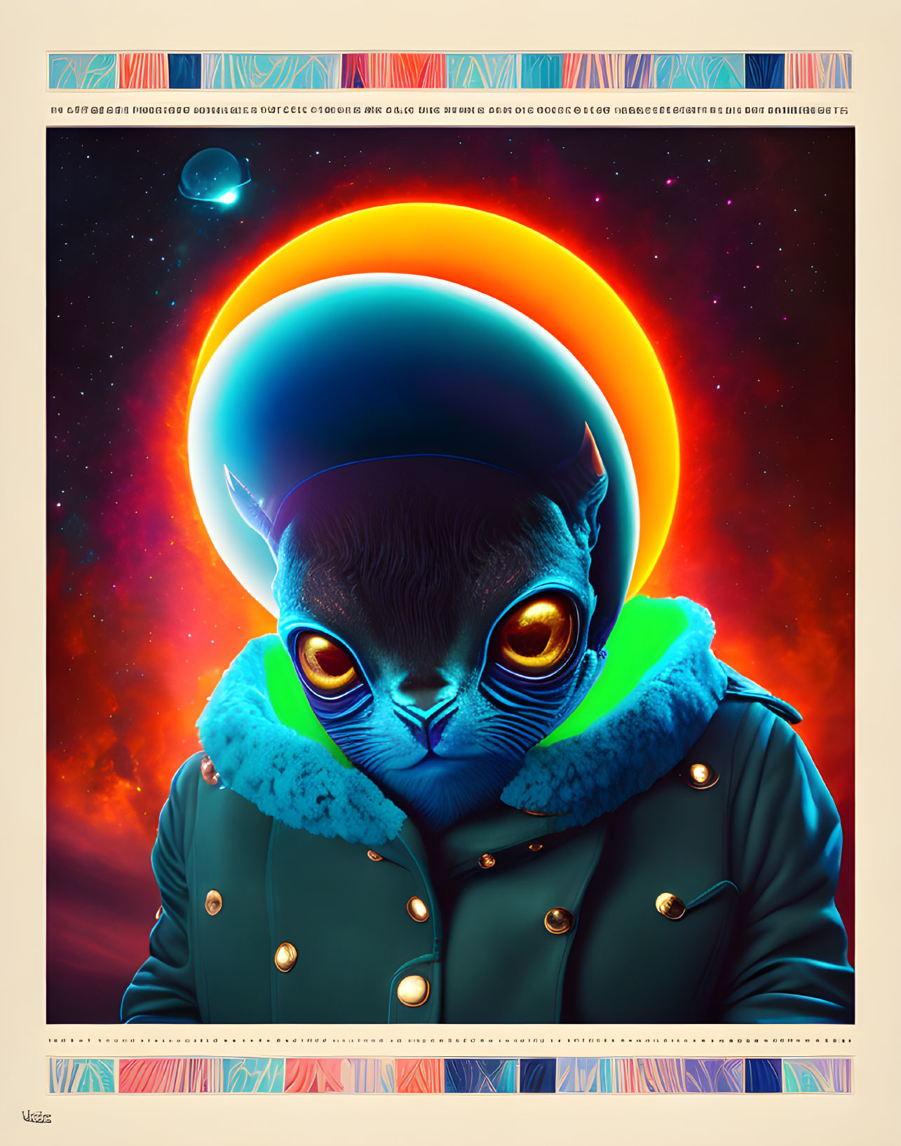 Colorful Cat Illustration with Cosmic Halo Rings and Winter Jacket