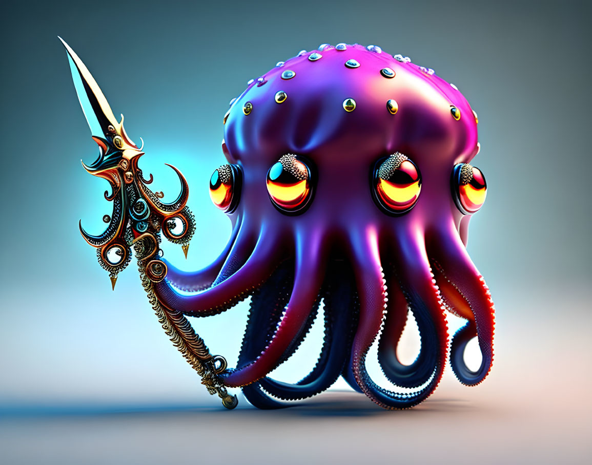 Colorful Octopus with Multicolored Eyes and Golden Weapon