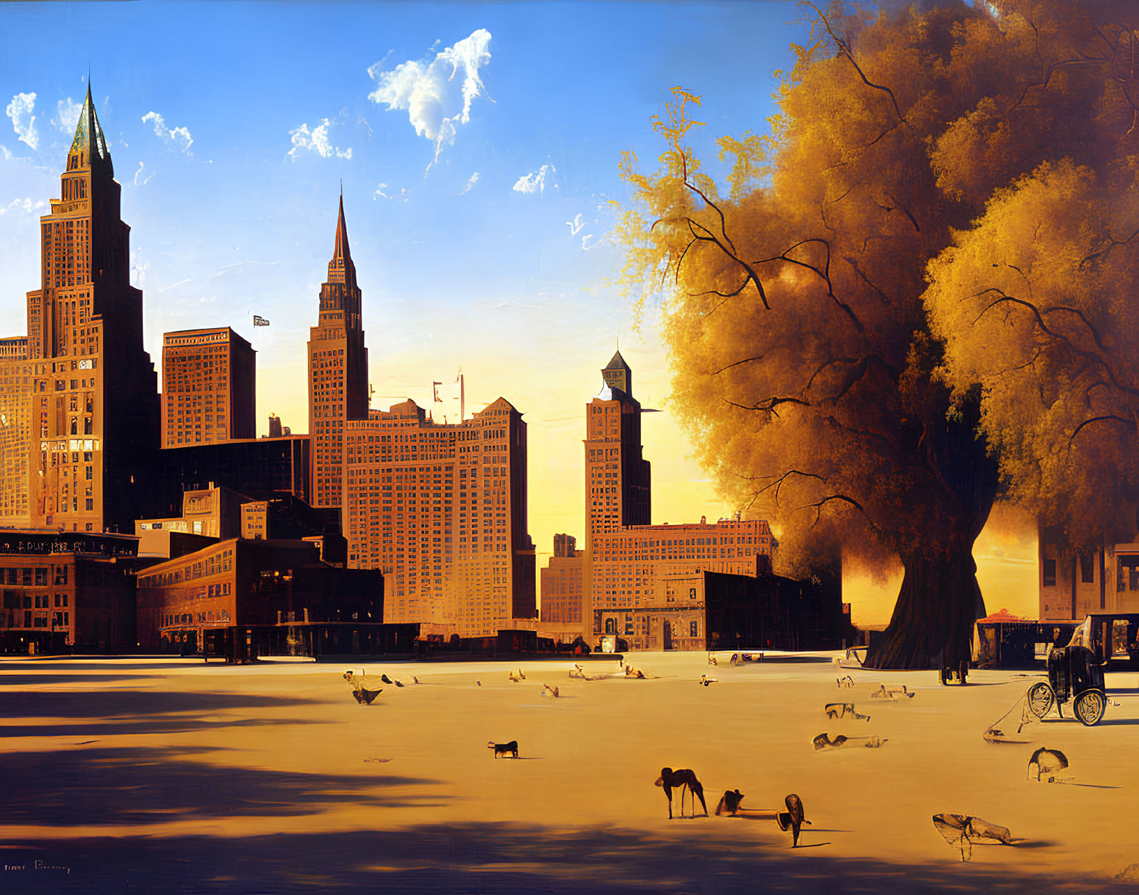 Surreal cityscape painting with animals and tree in golden hues