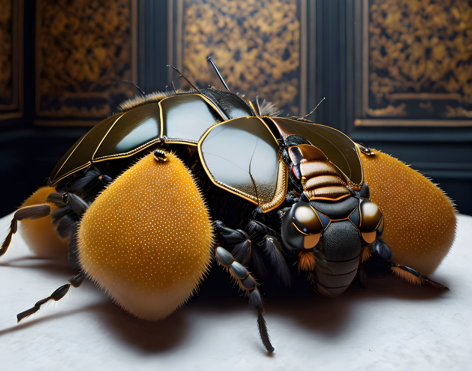 Detailed hyper-realistic image of giant bee on ornate background