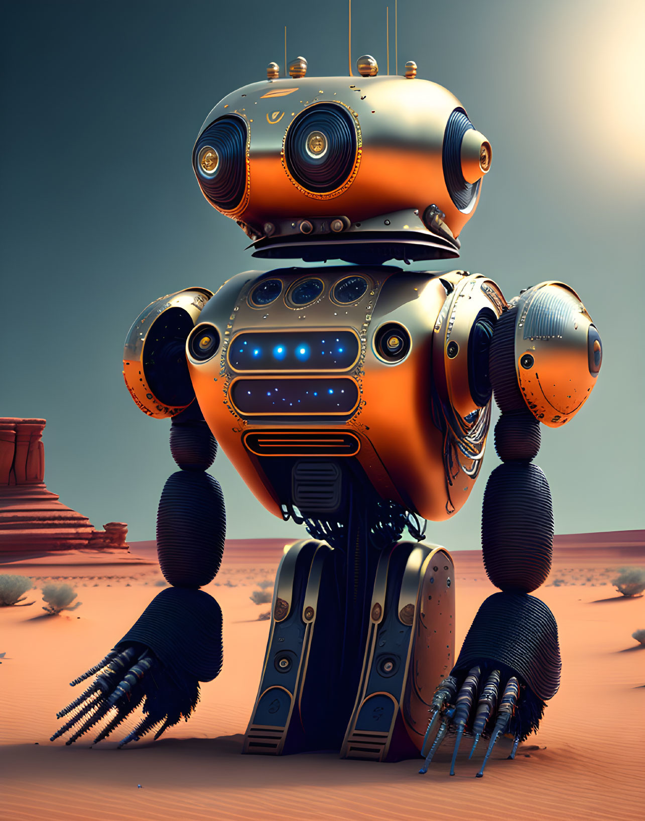 Large Orange Robot with Spherical Features in Desert Landscape