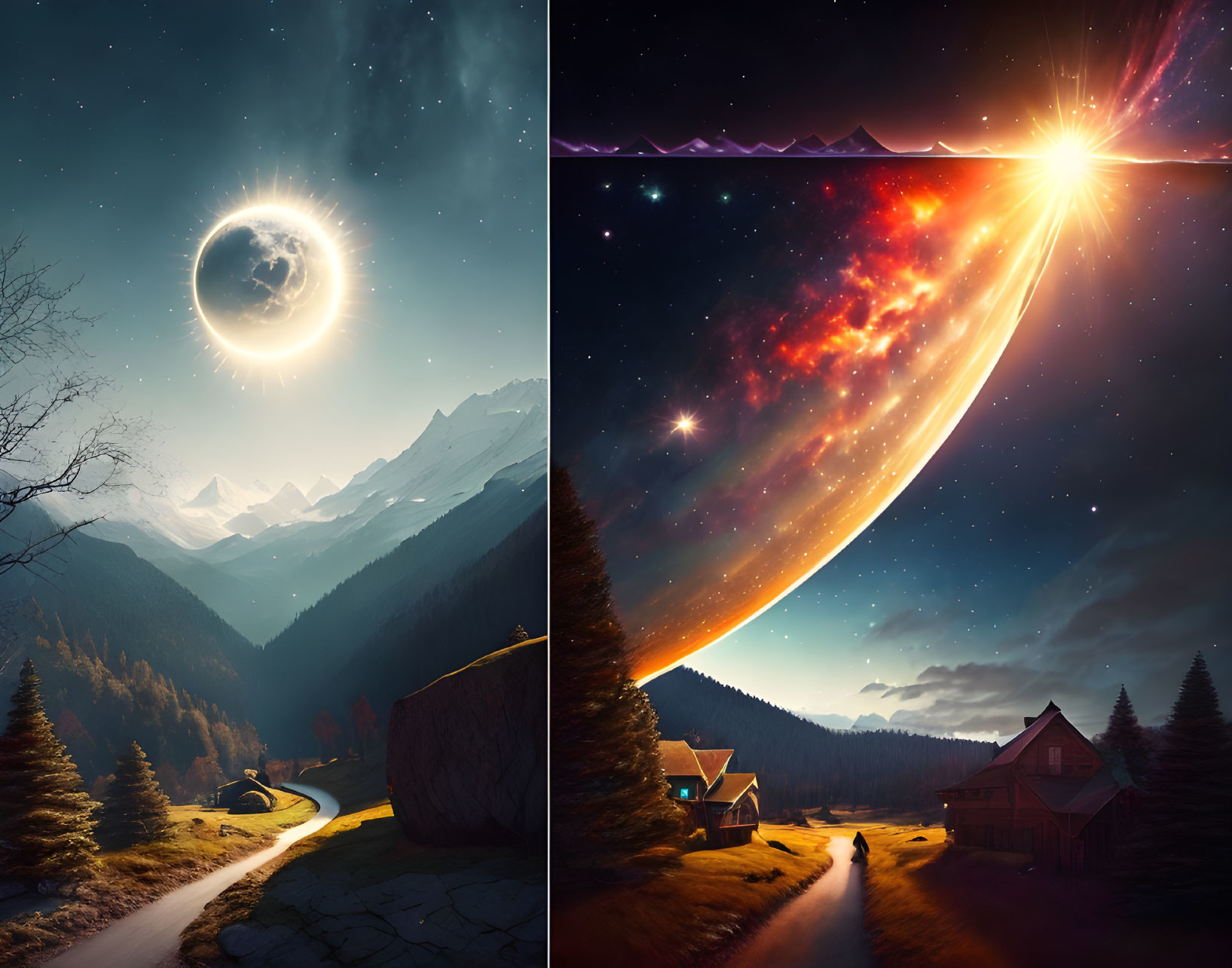 Split-image: Serene night with crescent moon & mountain landscape vs. cosmic explosion by planet