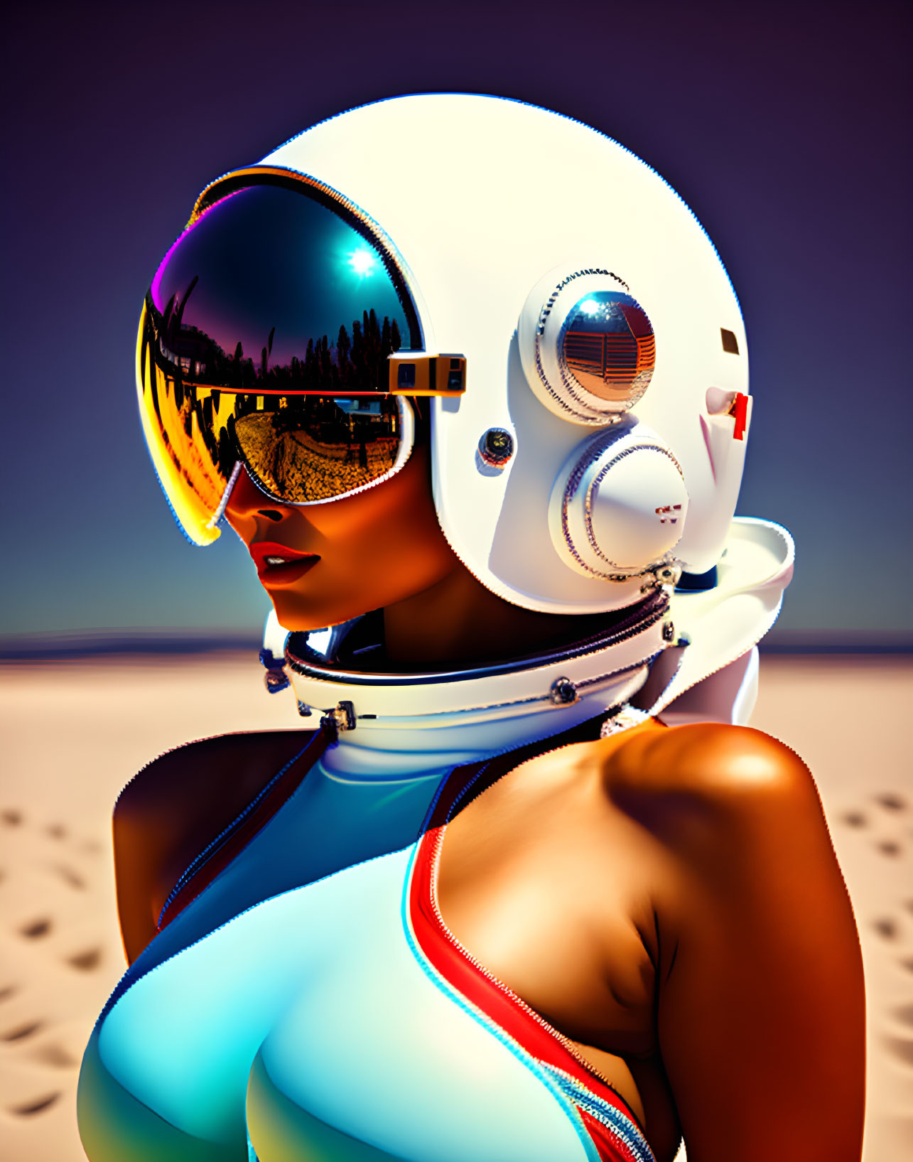 Futuristic person in white helmet and sunglasses on sandy backdrop