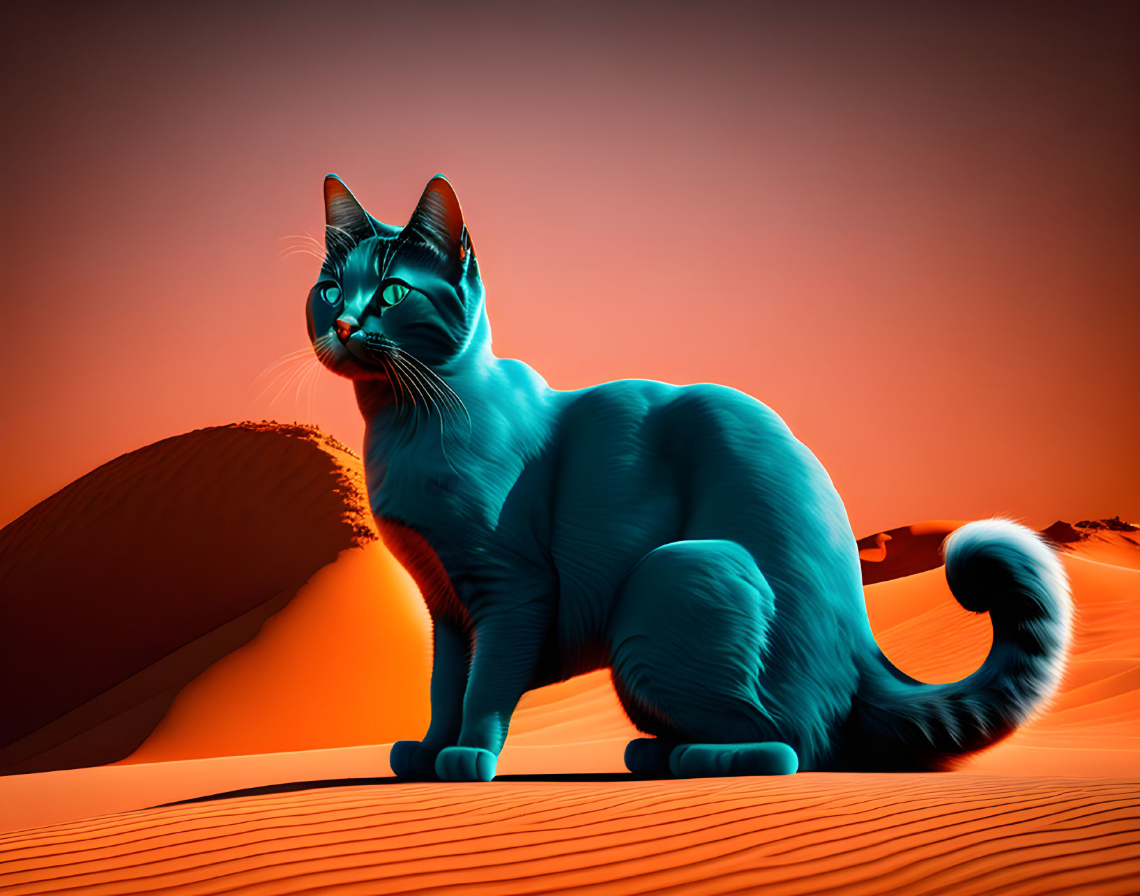 Blue Cat with Expressive Eyes on Desert Dune Under Orange Sky