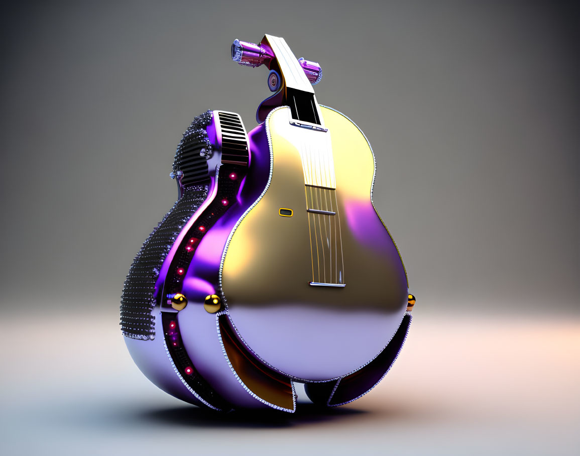 Surreal guitar-shaped object with purple crystals and golden accents