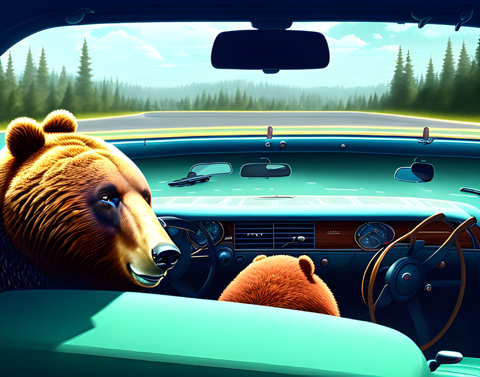 Illustration of bear and cub in vintage car driving through forest.