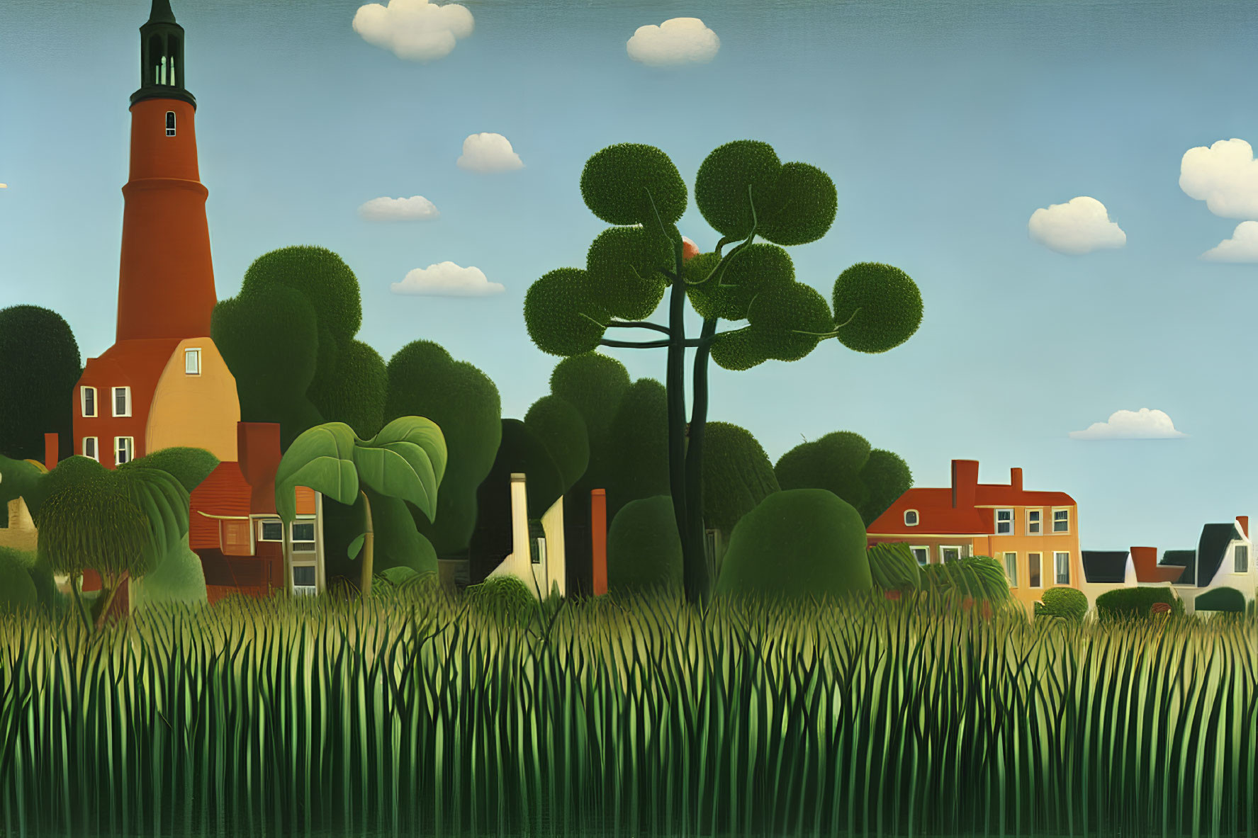 Stylized landscape with red lighthouse, green trees, houses, tall grass