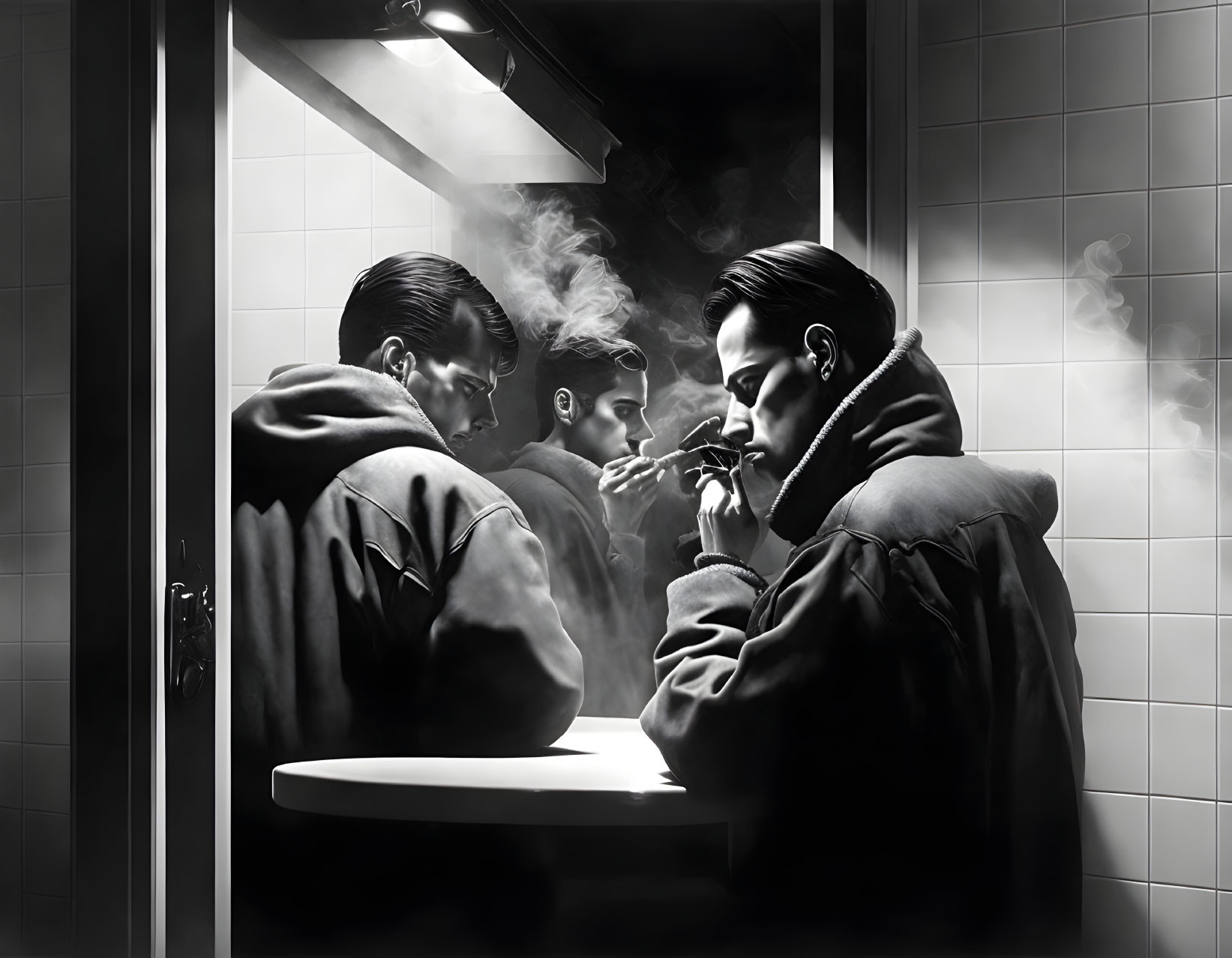 Monochrome illustration of man lighting cigarette in front of bathroom mirror