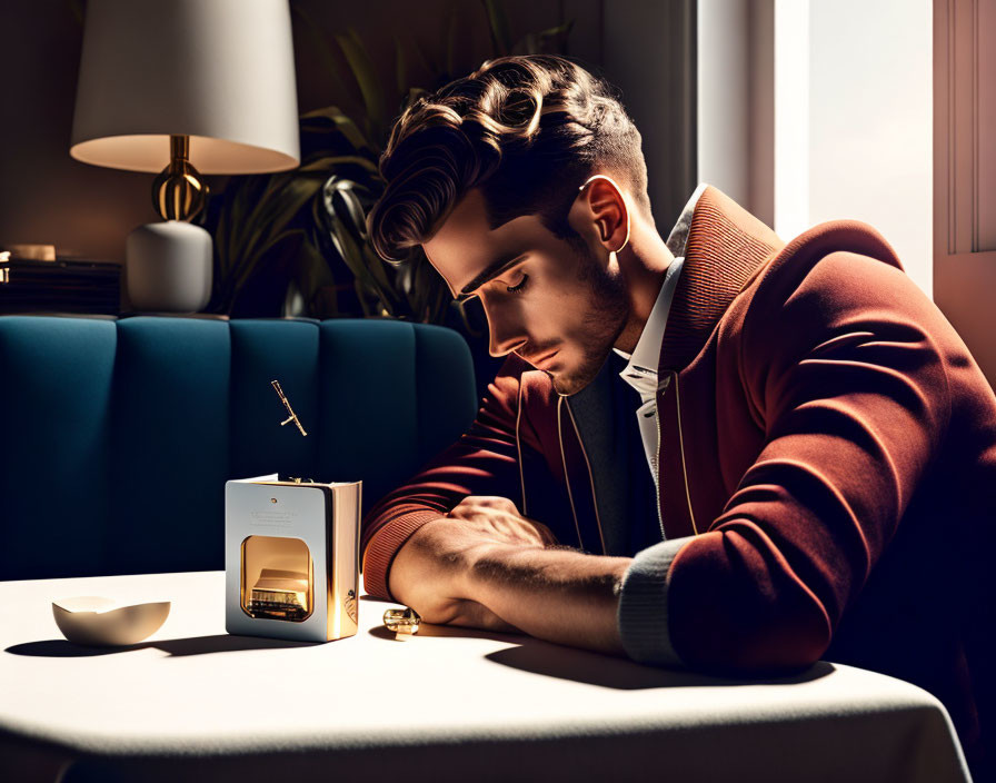 Man sitting at table with perfume, ashtray, and bowl in warm lighting