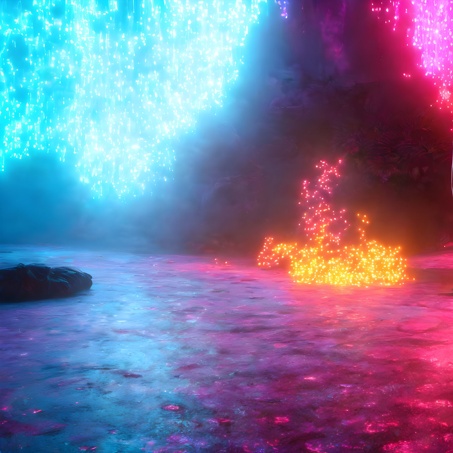 Vibrant glowing cave with neon blue and pink lights, sparkling red tree-like formation