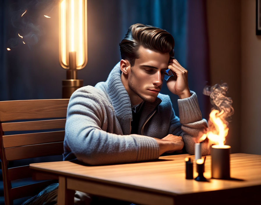 Man sitting at table with lit candle in dimly lit room