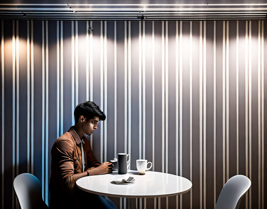 Person sitting at white table in dimly lit room with phone and coffee cup