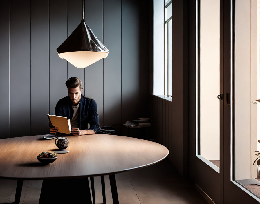 Person reading tablet at wooden table in dimly lit room