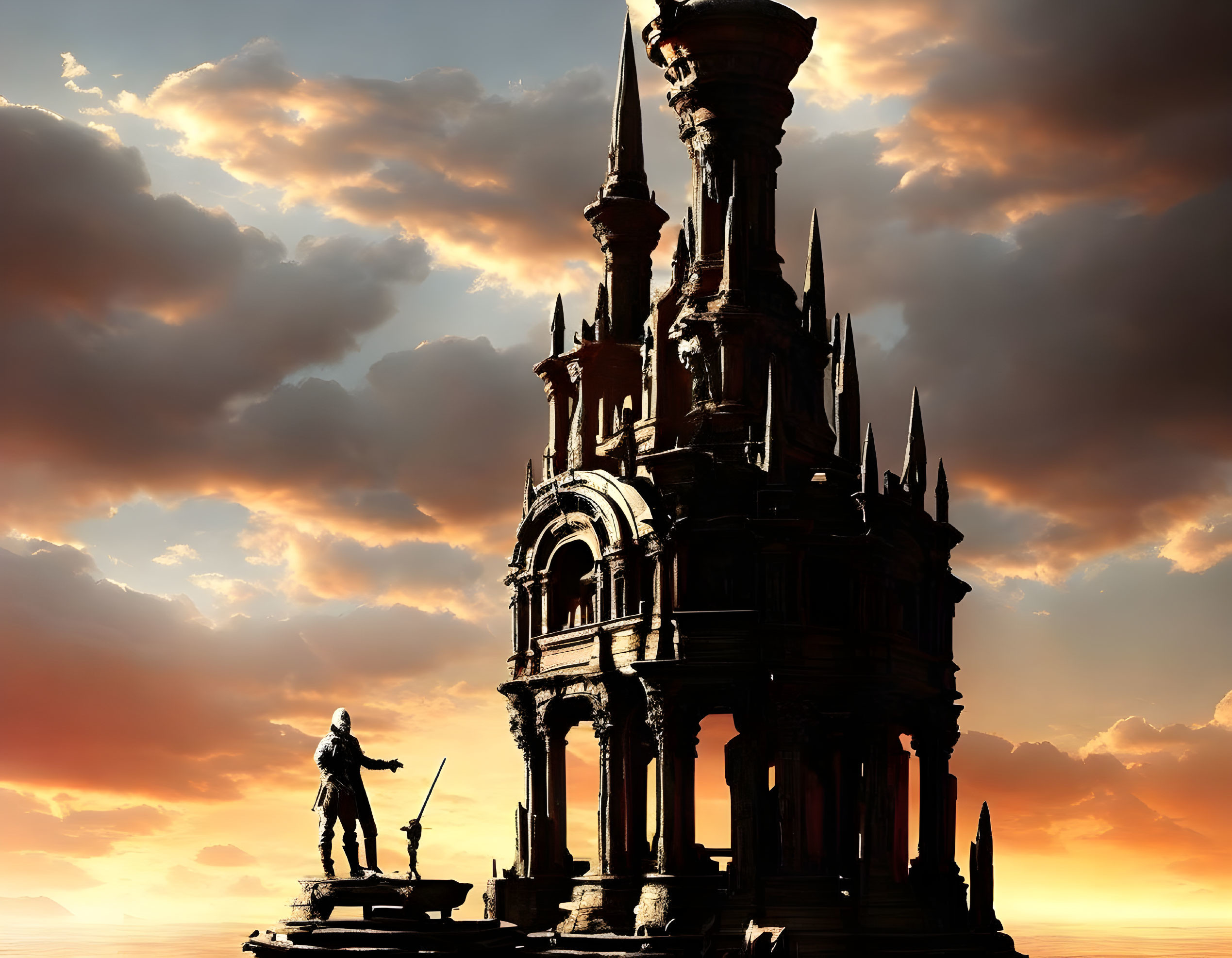 Silhouette of person with sword facing gothic structure in orange sky