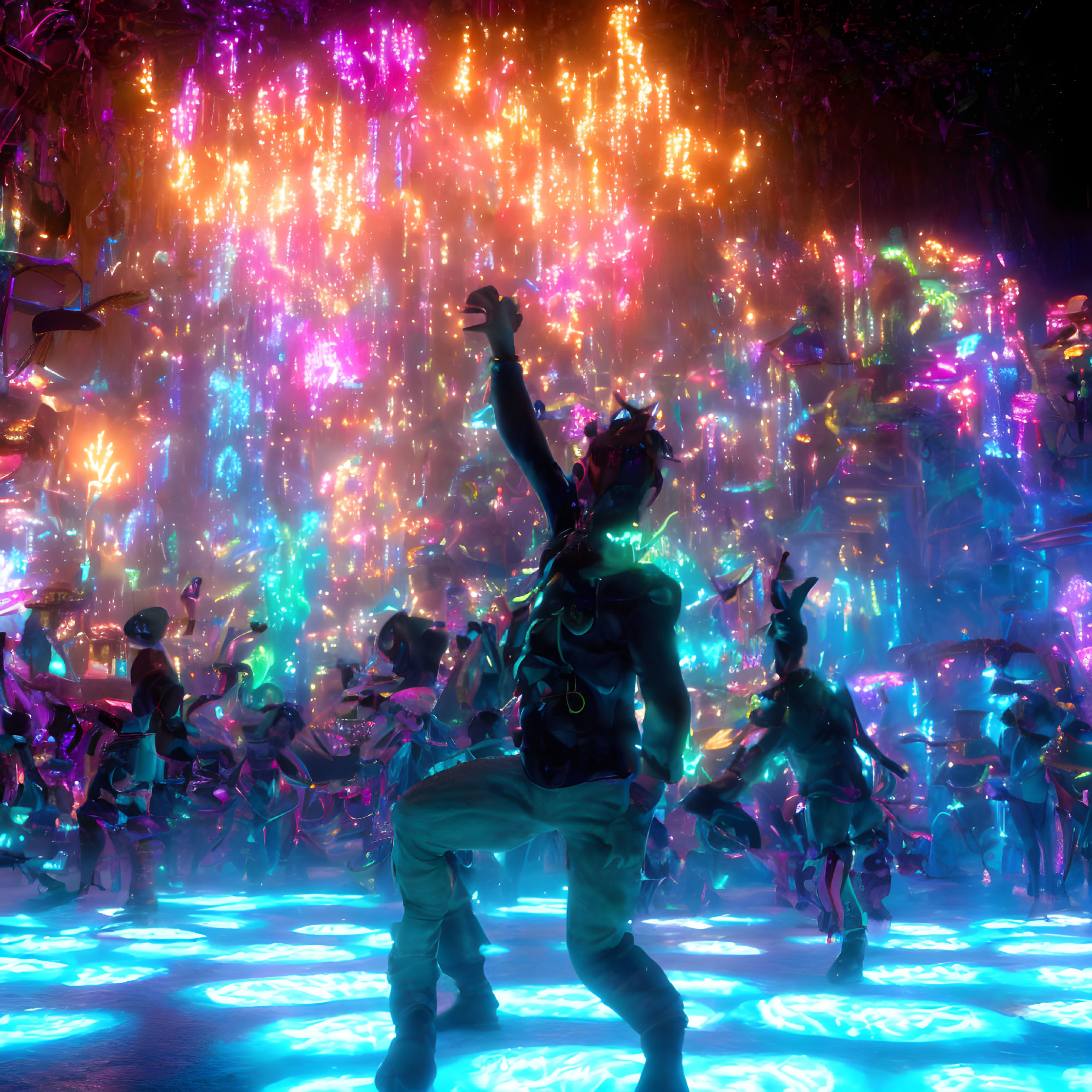 Colorful celebration with neon-lit trees and cascading lights