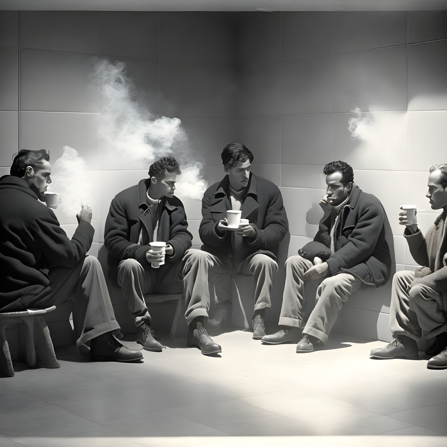 Five Men in Tiled Room Holding Cups with Steam - Atmospheric Scene