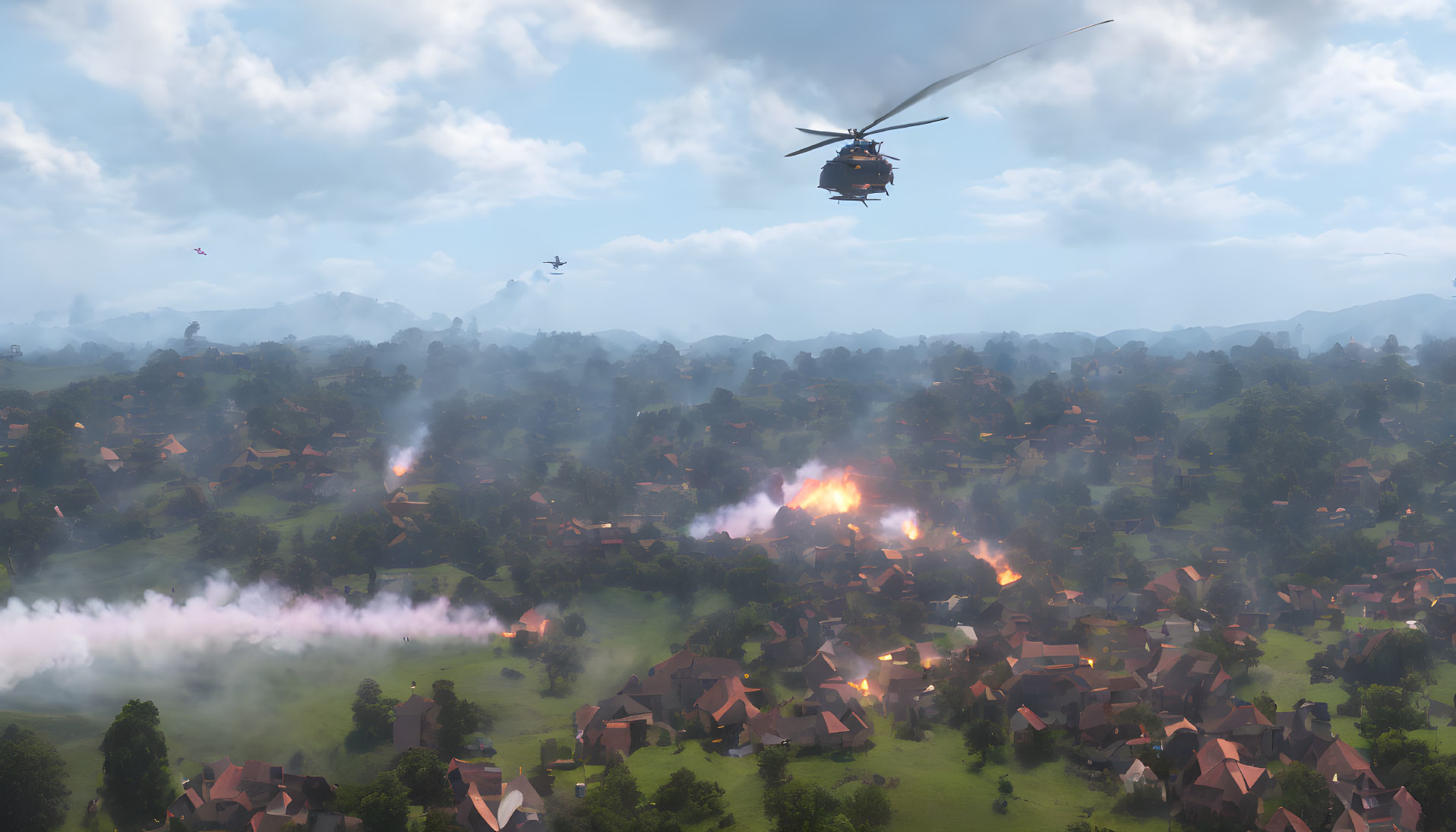 Helicopter flying over rural area with explosions and smoke.