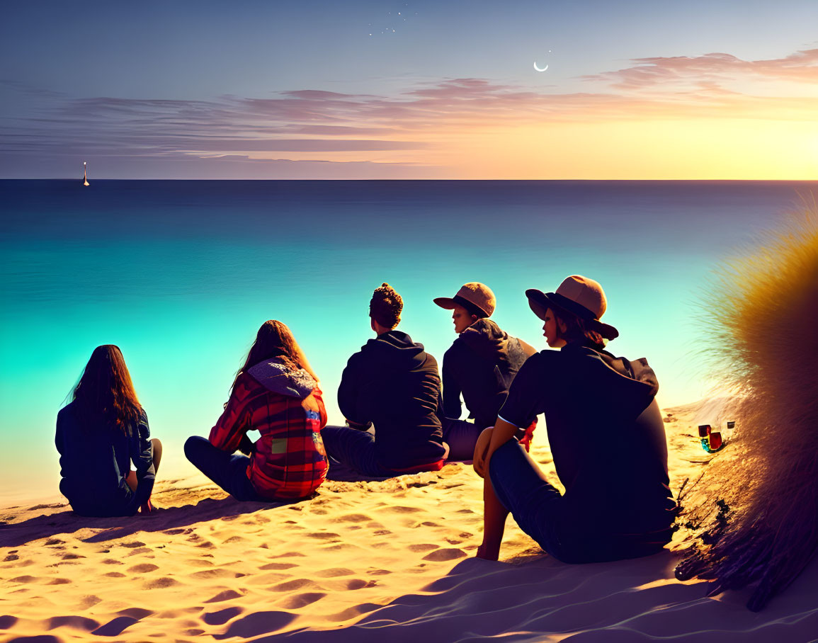 Five people on sandy beach at twilight with crescent moon and sailboat