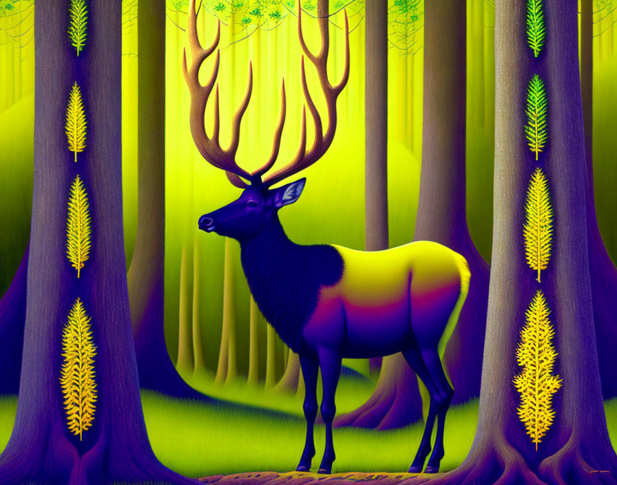 Stylized deer with large antlers in enchanted forest art piece