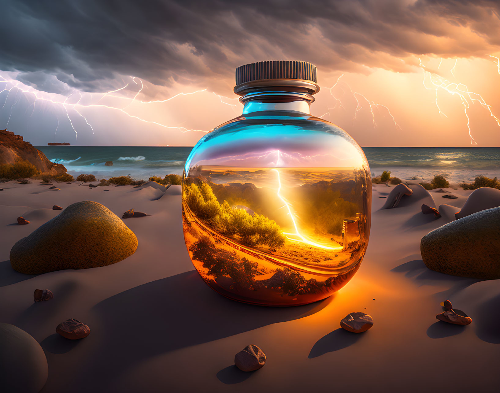 Glass jar with lightning scene on sandy shore at dusk