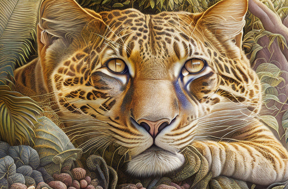 Detailed Close-Up Illustration of Ocelot with Vivid Fur and Blue Eyes