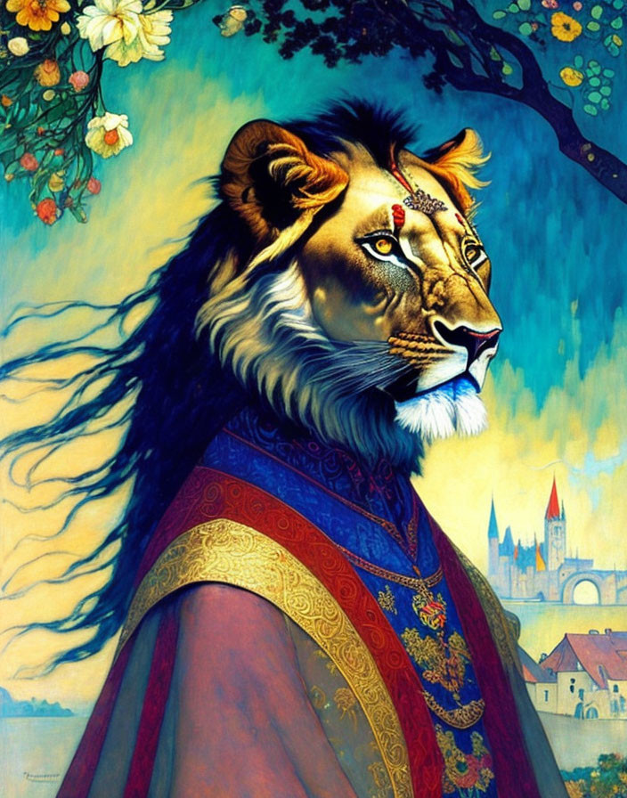 Majestic lion with human-like face in royal red cloak in European town.