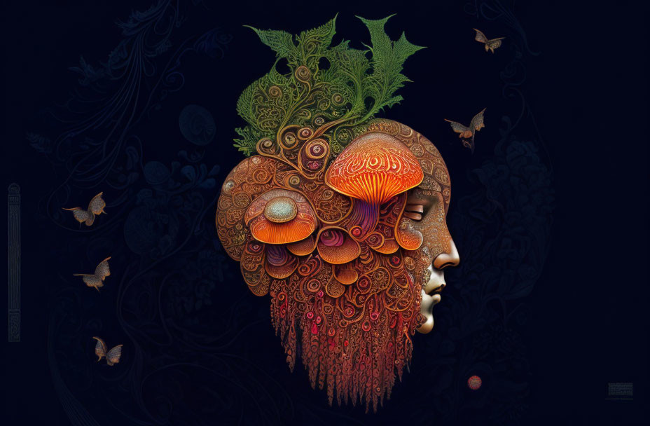 Surreal human face with floral and mushroom motifs on dark background