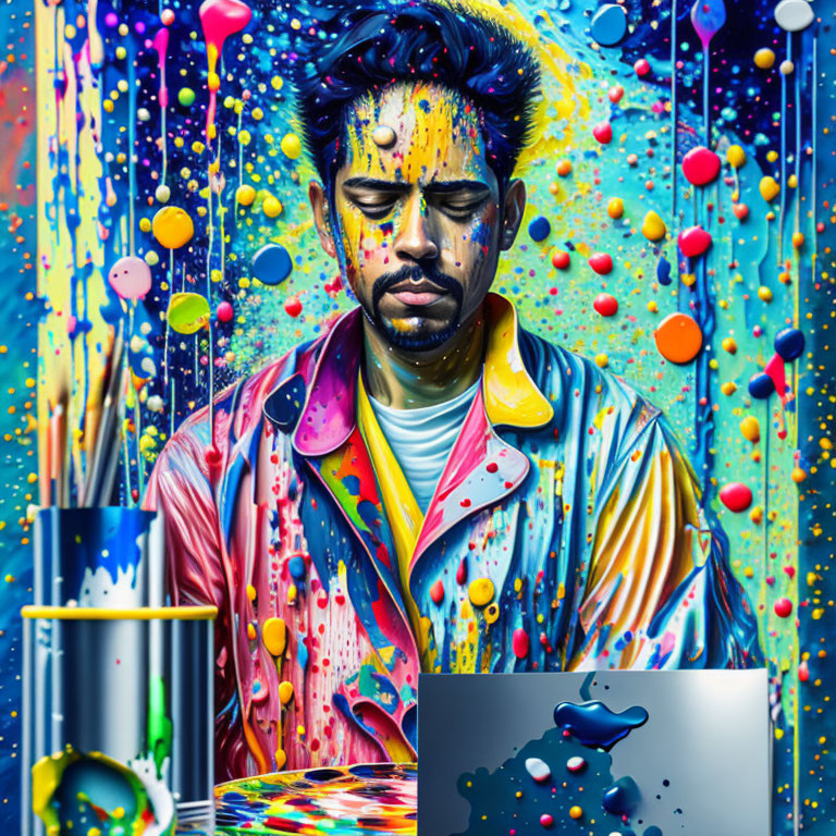 Person covered in vibrant paint with closed eyes and dripping laptop on colorful backdrop