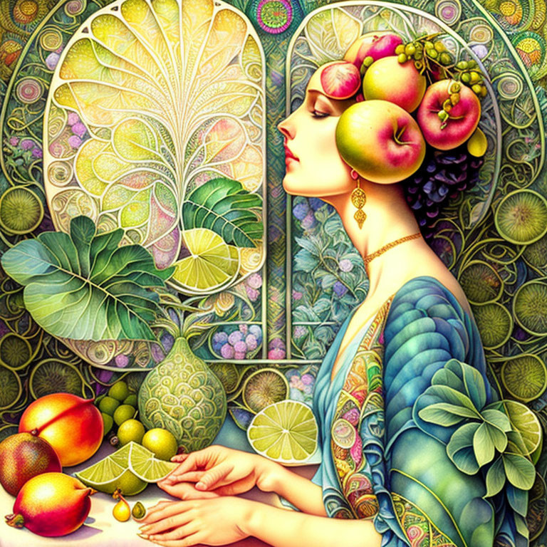 Art Nouveau woman with fruit-adorned hair by window and lush fruits