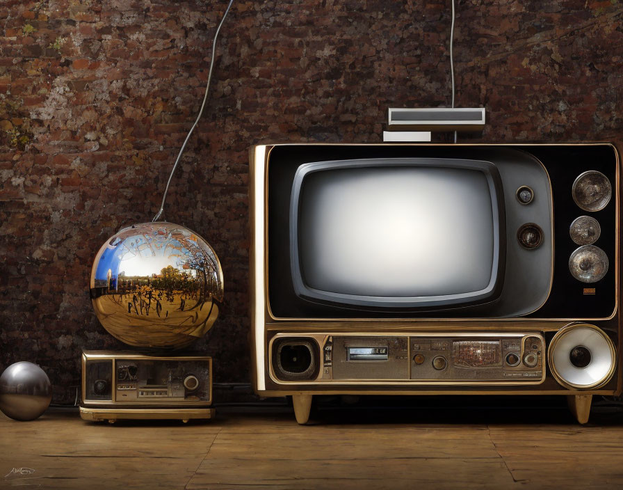 Vintage television, globe, tape recorder, and spherical objects on rustic wood floor.