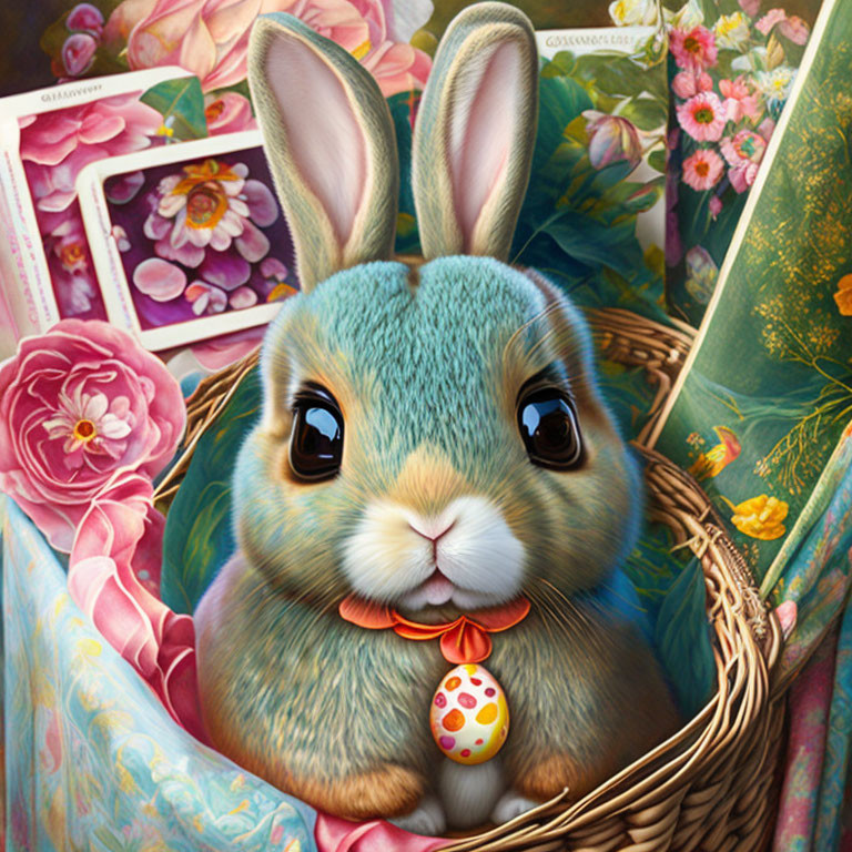 Illustration of cute rabbit with Easter egg in basket among floral cards