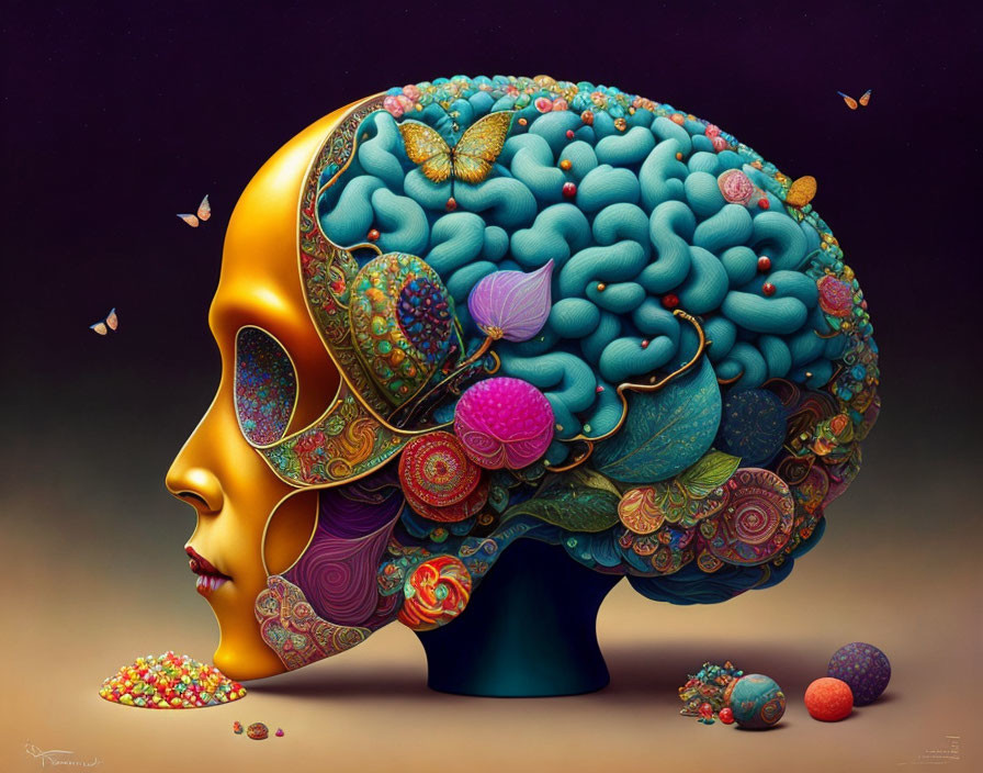 Colorful Human Head Profile with Butterfly Brain Artwork