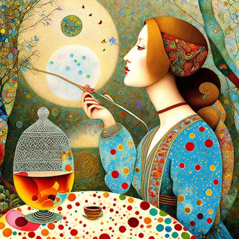 Illustration of woman blowing bubbles on vibrant folkloric background