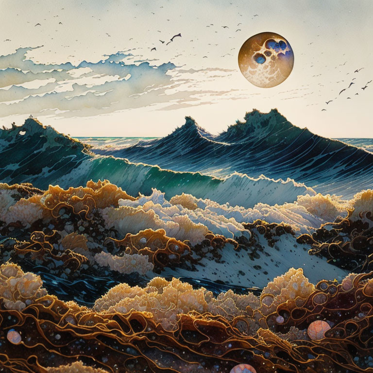 Fantastical ocean illustration with stylized waves and moon-like celestial body.