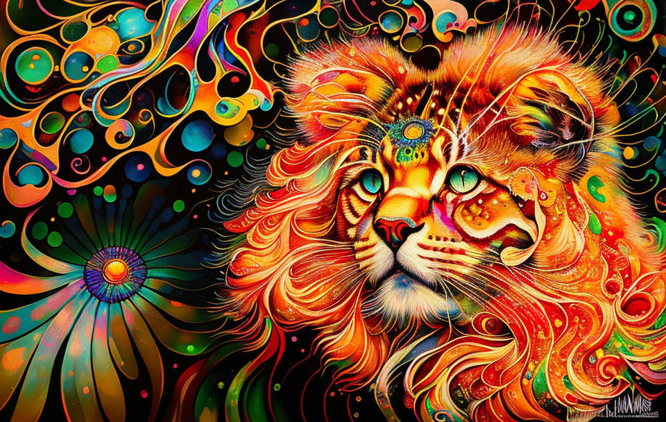 Colorful Lion Painting with Psychedelic Patterns and Abstract Background