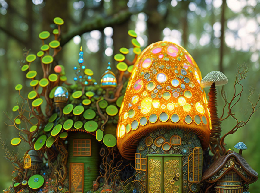 Intricate Fantasy Mushroom Houses in Enchanted Forest