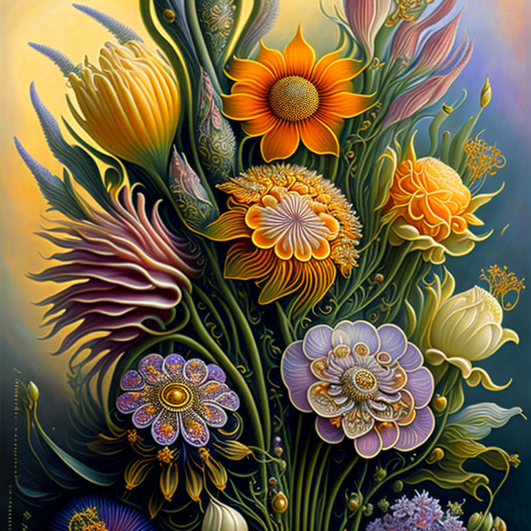 Detailed Painting of Stylized Flowers in Warm Tones