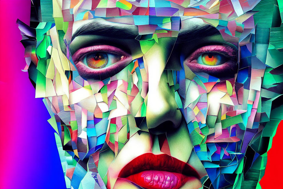 Colorful Fragmented Face Artwork on Bright Purple and Pink Background