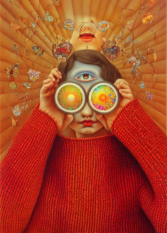 Surreal artwork: Person with patterned eyes, binoculars, third eye, mouth,