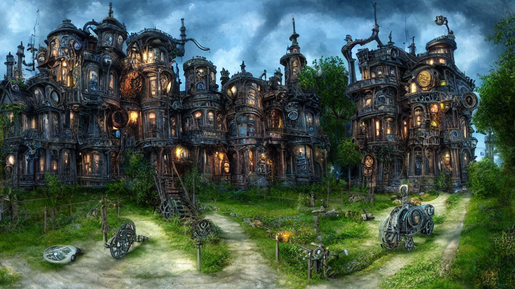 Eerie mansion at dusk with ornate towers and whimsical vehicles