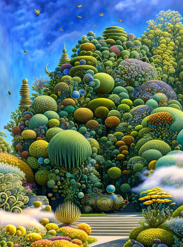 Colorful fantasy painting of lush vegetation on a hill under a clear blue sky