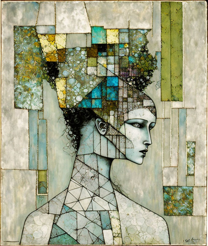 Geometric abstract art of a woman in muted tones with cubist and modern styles