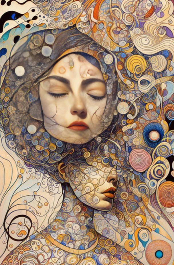 Surreal portrait of a woman in intricate mosaic of swirls and circles