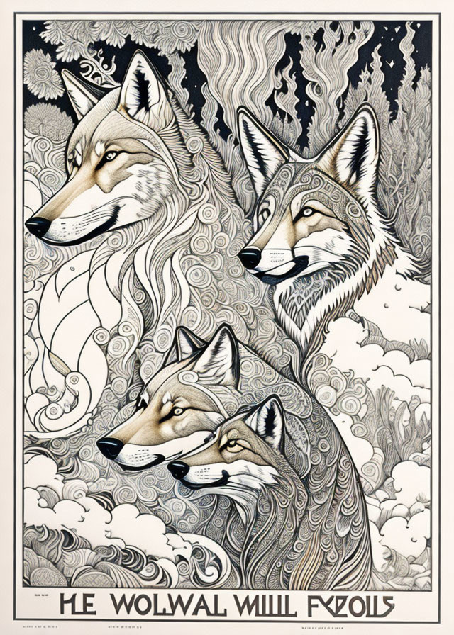 Detailed black & white illustration of three wolves with decorative patterns in nature backdrop.